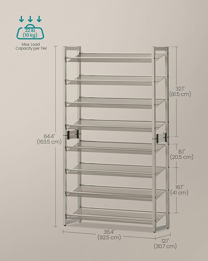 SONGMICS Shoe Rack, 8-Tier Shoe Organizer, Metal Rack for Garage, Set of 2, 4-Tier Stackable Shelf, with Adjustable Flat or A