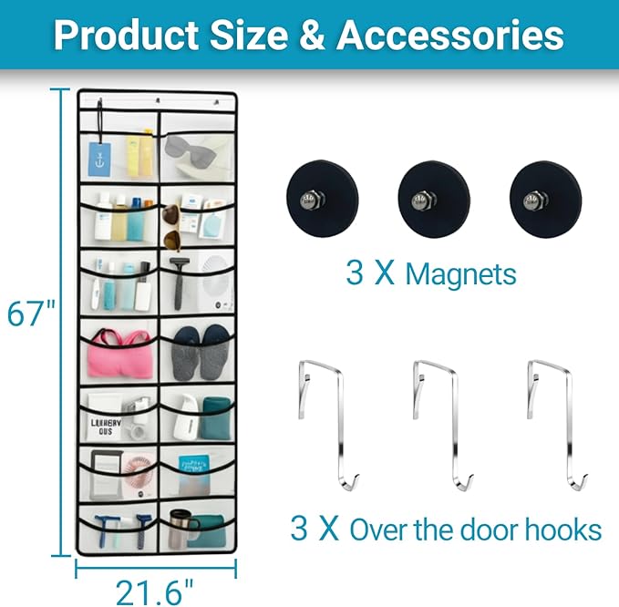 Magnetic Cruise Organizer, 14 Large Durable Pockets Over The Door Organizer For Cruise Ships, Magnetic & Hanging Cruise Organ