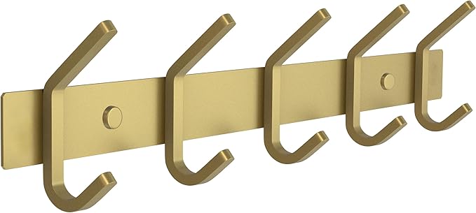Brushed Gold Wall Mounted Coat Rack – 15 Inch Stainless Steel Rail with 5 Double Coat Hooks for Entryway, Bathroom, Bedroom, 