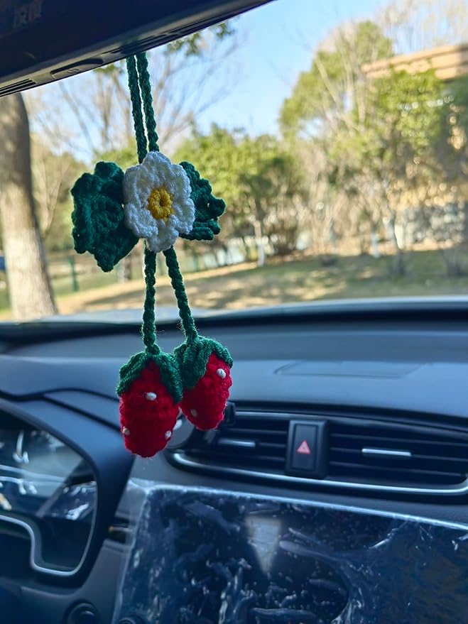 Handmade Crochet Sun and Moon Car Steering Wheel Covers Universal 14-15 inch for Women and Men (Steering Wheel Cover+Crochet Strawberry