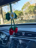 Handmade Crochet Sun and Moon Car Steering Wheel Covers Universal 14-15 inch for Women and Men (Steering Wheel Cover+Crochet Strawberry