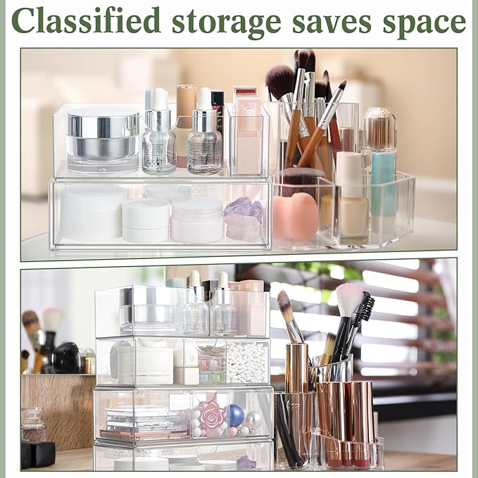 CroBlissful Medicine Cabinet Organizer 4 Tier Stackable Makeup Organizer Tray with 2 Drawers 2 Storage Box 1 Lip Gloss Holder