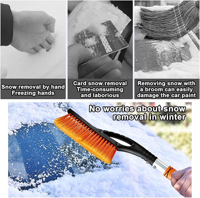27" Snow Brush and Ice Scrapers for Car Windshield and Window, Detachable Winter Snow Remover Ice Shovel Tool with Ergonomic Foam Grip & No Scratch Bristles, Car Accessories for Truck SUV (Orange)