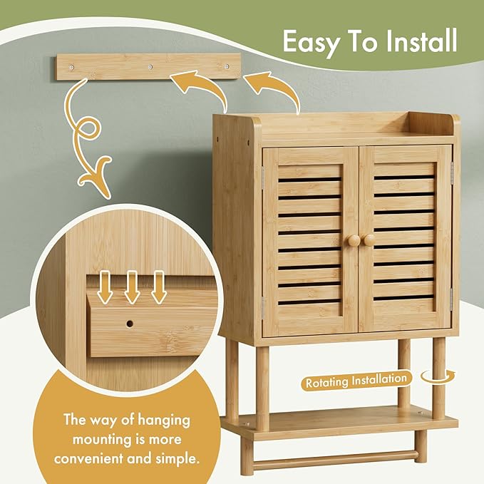 AmazerBath Bathroom Wall Cabinet, Bamboo Over The Toilet Storage Cabinet, Hanging Medicine Cabinets with Towel Bar, Wall Moun