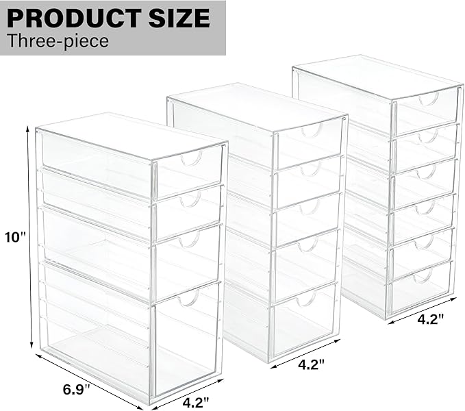 Prsildan Acrylic Drawer Organizer with 15 Drawers, Makeup Craft Office Desk Organizers Accessories, Set of 3 Clear Stackable 