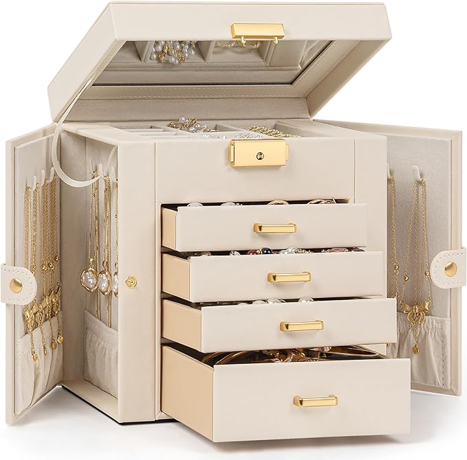 TORIBIO Jewelry Box for Women, Leather Jewelry Organizer with Mirror & Lock, 5-Tier Jewelry Storage Organizer with 4 Drawers 