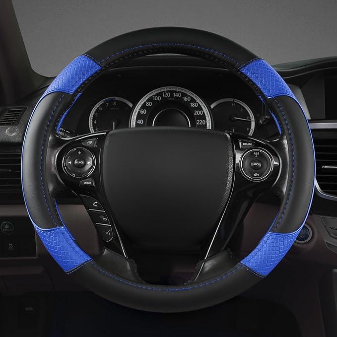 GIANT PANDA Microfiber Leather Steering Wheel Cover for Honda Accord,Civic,CR-V,HR-V,Pilot(Diamond-Pattern-Black+Blue-Standar