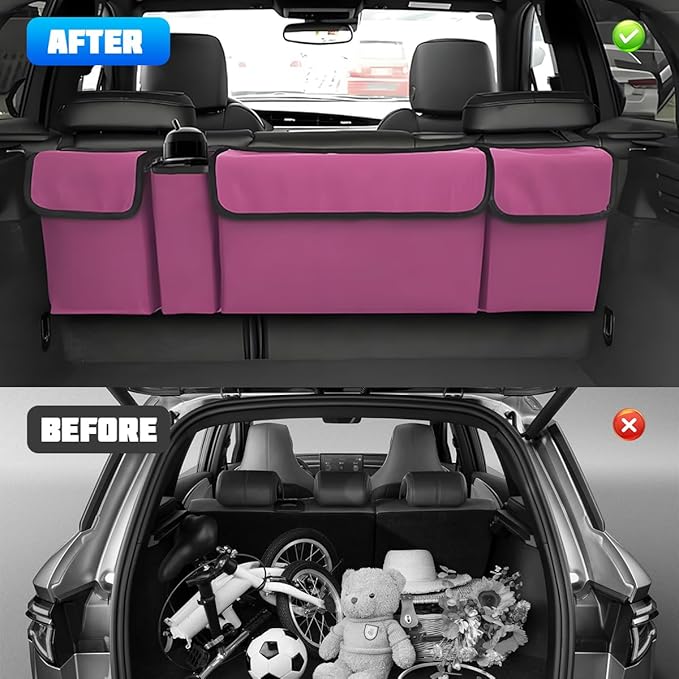 Car Trunk Organizer with Lid, Large Waterproof Vehicle Backseat Hanging Storage Bag with 4 Pockets & Adjustable Straps, Colla