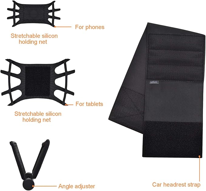 TFY Car Headrest Mount for 7-10 inch Fire, Fire HD, Kids Edition Tablets, Angle Adjustable Holder with Silicon Holding Net