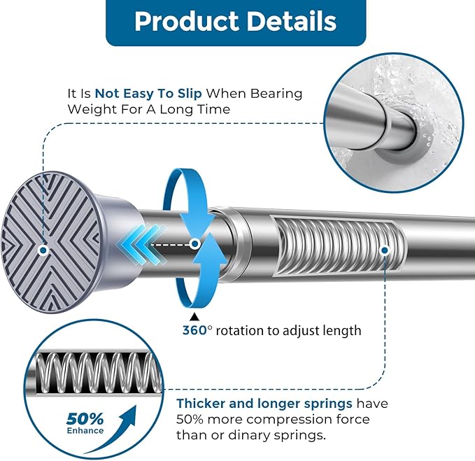 AIZESI Silver Adjustable Tension Curtain Rod, 31-63 Inch Spring No Drill Stainless Steel Shower Rods for Bathroom，Closet ，Win