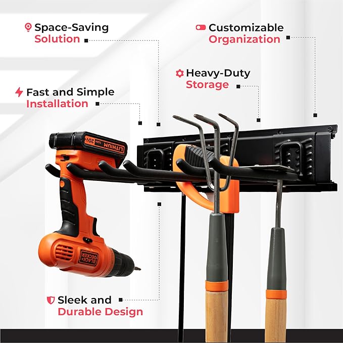 TIDYME Garage Tool Organizer Wall Mount - 48 inches - Sturdy Storage Rack with Adjustable Hooks, Anti-Rust - Easy Installatio