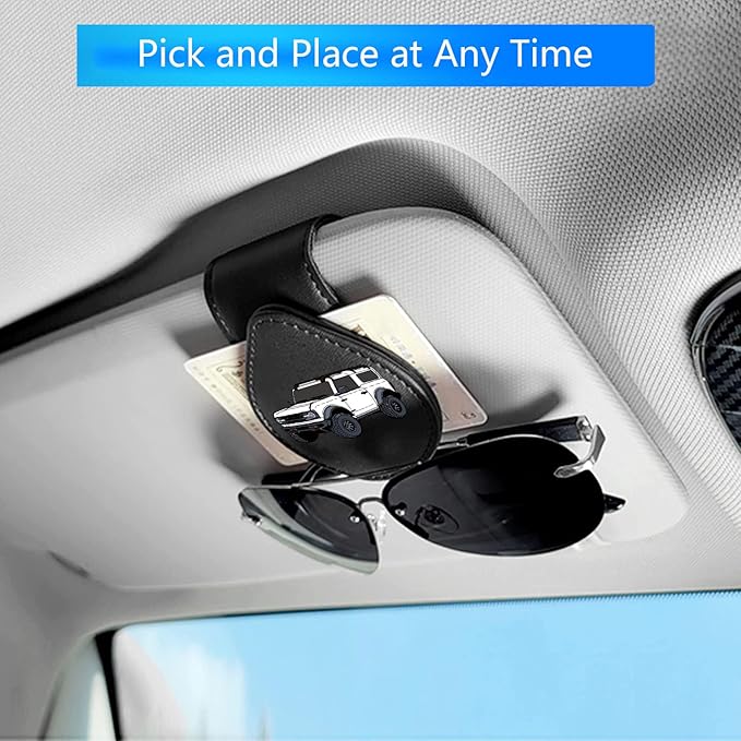Sunglasses Holder for Car, Leather Glasses Frame, Eyeglass Hanger Card Clip for Car Sun Visor,Sunglasses Holder Compatible with Bronco (White)