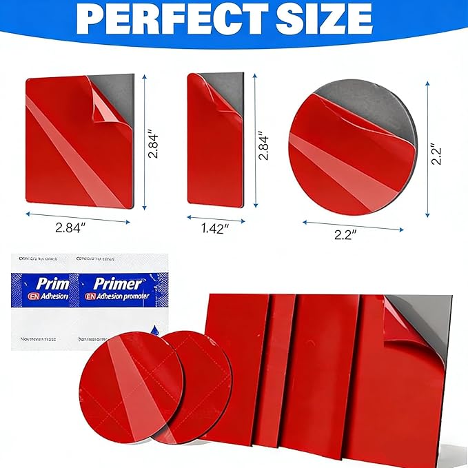 Adhesive Sticky Pads for Dash Cam, Square Heat Resistant Double-Sided Sticker Replacement for Suction Cup Car Mounts, Ensures Secure Hold for GPS, Includes 2 Adhesion Promoter (2.83" * 1.4")