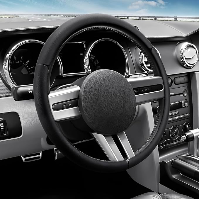 Leather Fiber Steering Wheel Cover for Ford Mustang 2005-2023, 3 Piece Clip on Set,Anti-Slip Segmented Design,Thin Car Interior Accessories,Car Steering Wheel Cover for Men Women(Black)