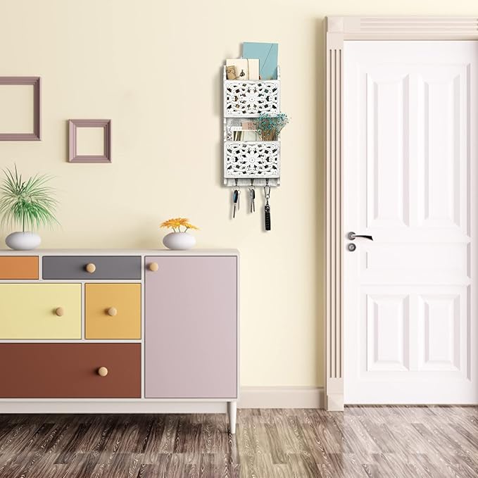 Key and Mail Holder for Wall Mail Holder for Wall, 2-Slot Mails Organizer with 3 Hooks, Key Hangers Rustic Wooden Walls Organ