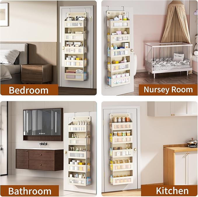 Over The Door Organizer with 5 Large Pockets, Over the Door Storage 10 Side Pocket 44 lb Load Behind Door Storage, Closet Doo