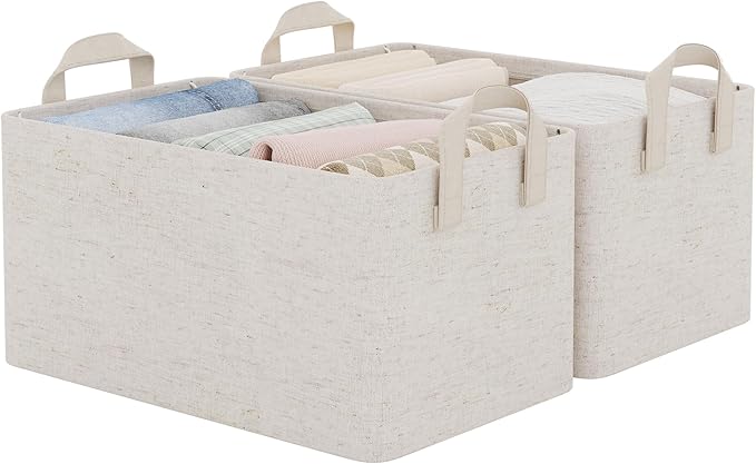 StorageWorks Storage Bins, Shelves Baskets for Organizing, Fabric Closet Organizers with Handles, Metal Frame, Beige-Cotton-l