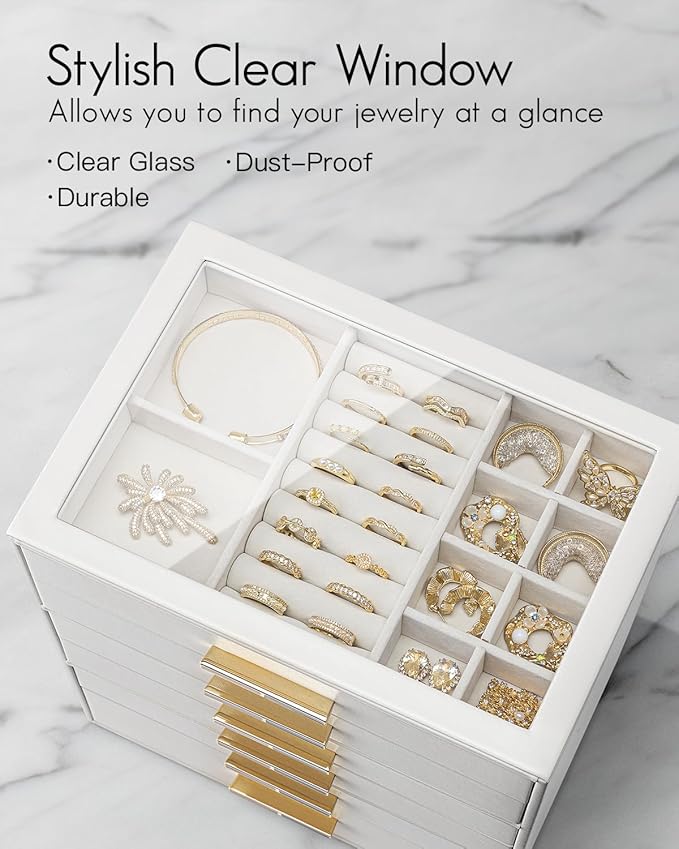 VLANDO 6 Layer Jewelry Box for Women, Glass Lid Jewelry Organizer with 6 Drawers for Necklaces Rings Earrings Bracelets - Whi