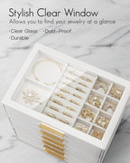 VLANDO 6 Layer Jewelry Box for Women, Glass Lid Jewelry Organizer with 6 Drawers for Necklaces Rings Earrings Bracelets - Whi