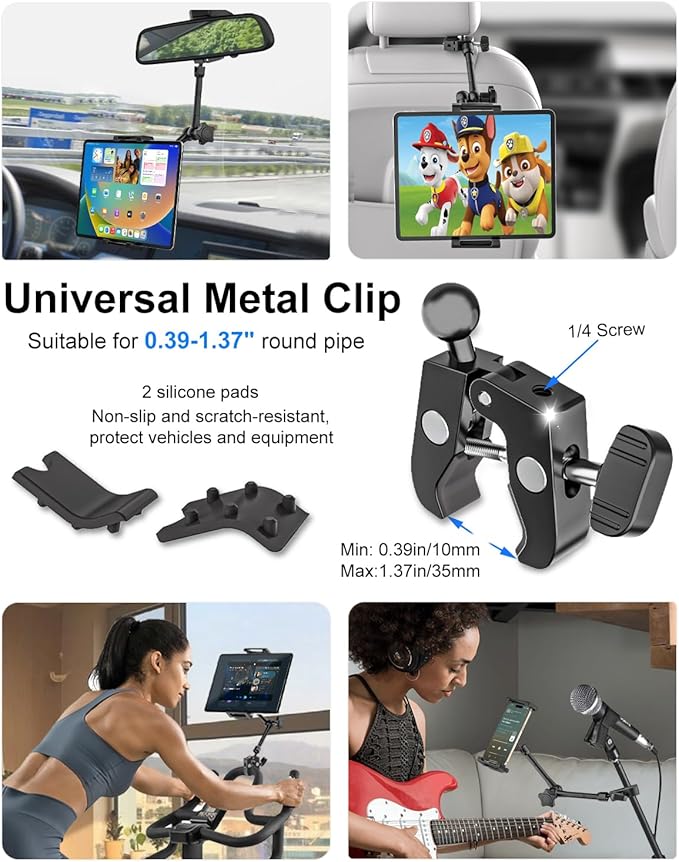 Car Headrest Tablet Holder - Metal Magic Arm, Car ipad Holder Backseat Kids with Universal Metal Clamp, Tablet Headrest Mount for iPad Pro 12.9 Air, Galaxy Tab, iPhone16, 5.5-15.6" Devices