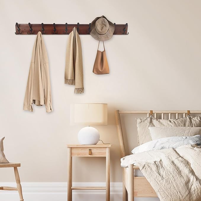 Kuhome 38.6'' Large Coat Rack Wall Mount Coat Hooks Coat Hanger with 10 Metal Black Triple- Hooks Brown Pine Real Wood Plank 