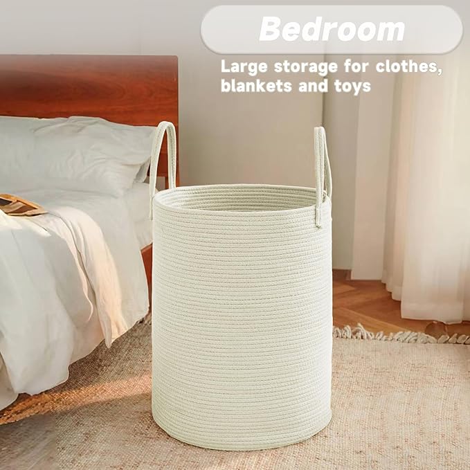 JMvicyroam Large Woven Laundry Basket Hamper,60L Cotton Rope Storage Bin for Blankets,Toys and Clothes,Decorative Tall Nurser