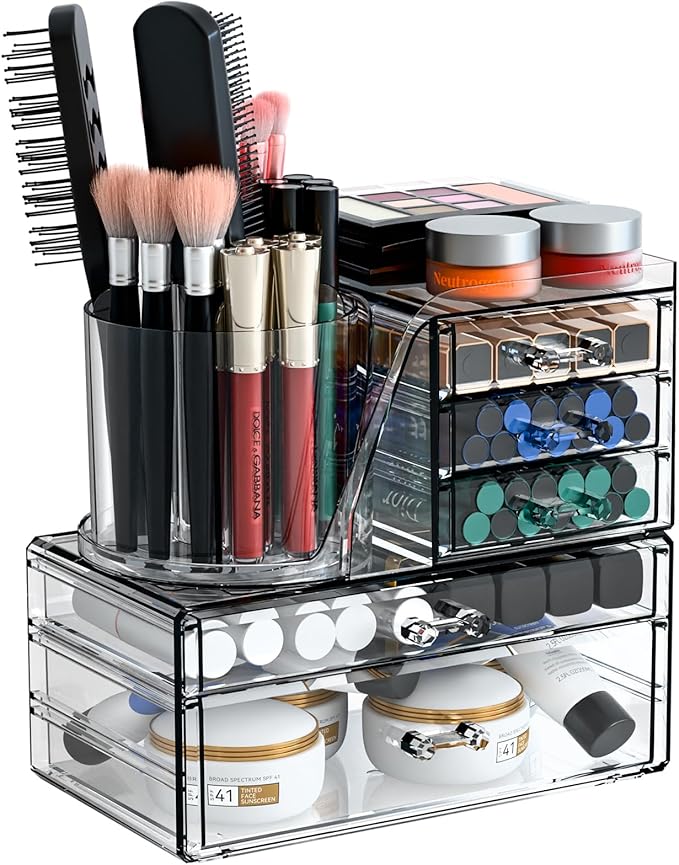 Clear Acrylic Makeup Organizers for Vanity,Countertop,3 Pack Make up Drawer Organizer With Makeup Brush Holder,Plastic Skinca