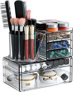 Clear Acrylic Makeup Organizers for Vanity,Countertop,3 Pack Make up Drawer Organizer With Makeup Brush Holder,Plastic Skinca