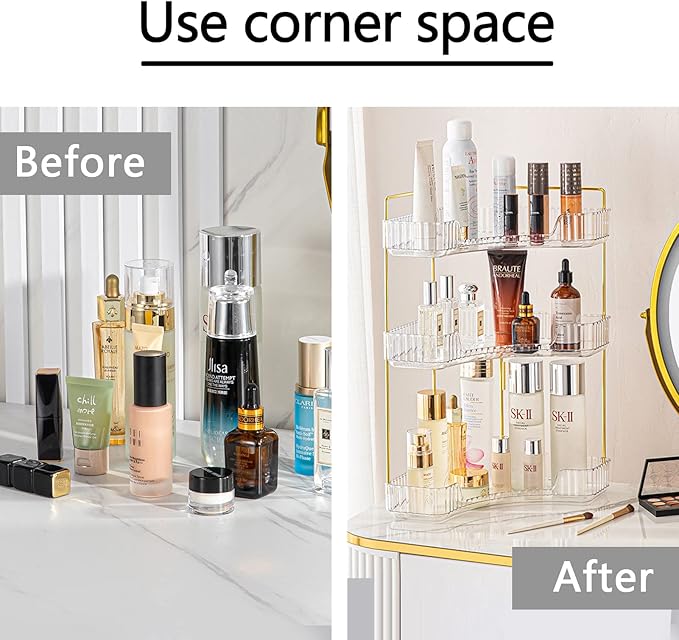 shuang qing 3-Tier Corner Bathroom Counter Organizer – Storage Shelf for Makeup, Perfume & Skincare, Space-Saving Countertop 