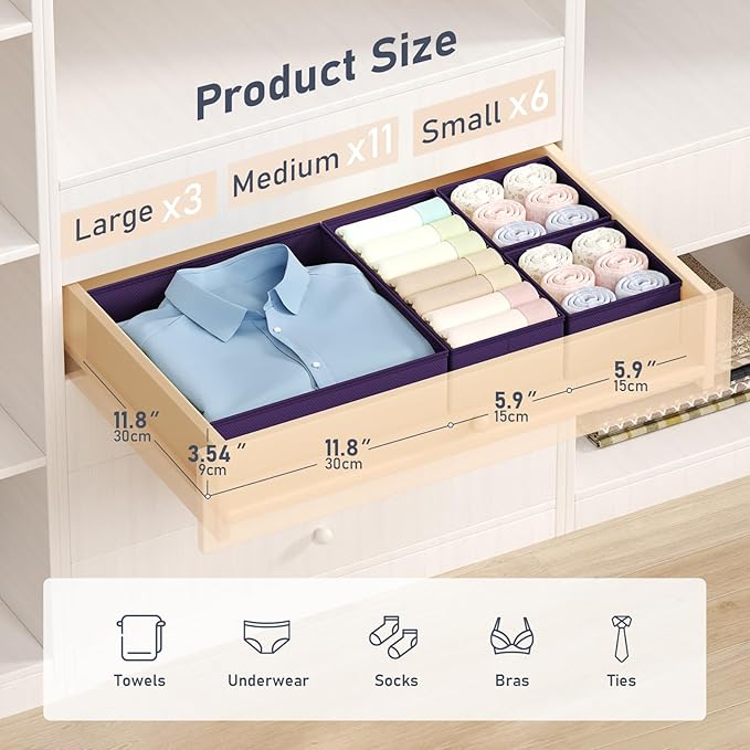 DIMJ Drawer Organizer Clothes - 20 Pack Closet Drawer Organizer Bins for Baby Clothes Storage, Fabric Dresser Organizer for N