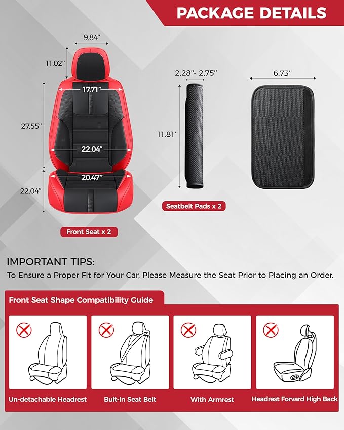 FREESOO Red Black Front Car Seat Covers - Faux Nappa Leather Seat Covers for Cars, with Carbon Fiber Texture Seatbelt Pads, I
