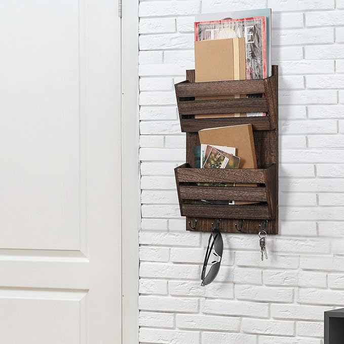 BTY Mail Holder for Wall, Wooden Mail Sorter with 4 Key Hooks, 2 Slot Wall Mounted Mail Sorter Letter Bills Newspaper Magazin