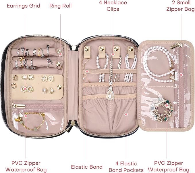 Jewelry Travel Case Organizer for Necklaces, Earrings, Rings, Bracelet, Watch, Soft Sided, Blue