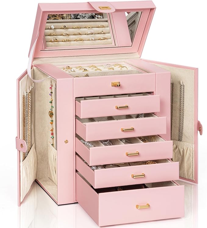 AKOZLIN 6-Tier Jewelry Box Organizer Functional Leather Jewelry Storage Case for Women Girls Ring Necklace Earring Bracelet H