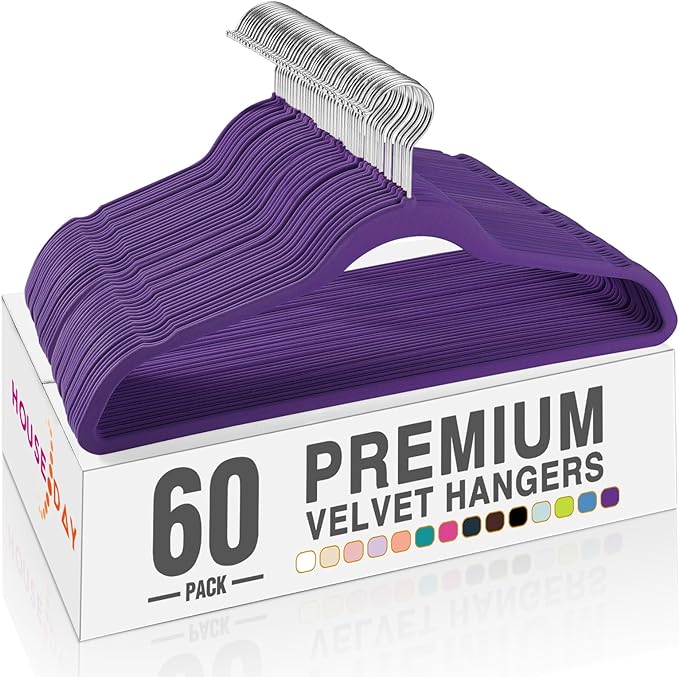 HOUSE DAY Noble-Purple Velvet Hangers 60 Pack, Non Slip Clothes Felt Hanger Heavy Duty for Coat, Premium Slim Space Saving Su