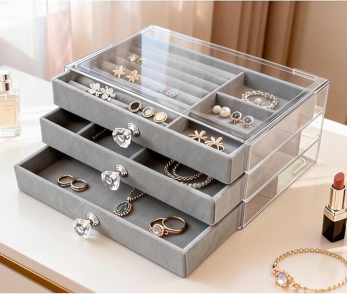 Clear Acrylic Velvet Jewelry Organizer with 3 Drawers, Stackable Display Storage Earrings Necklace Rings Bracelets Box Holder