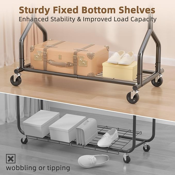 EAGMAK Heavy Duty Clothes Rack Load 424 LBS, Rolling Clothing Rack With Shelves, Adjustable Metal Clothes Hanger with Wheels,