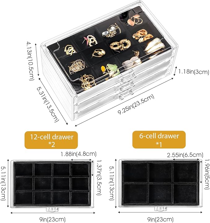 ProCase Earring Holder Organizer Jewelry Box with 3 Drawers, Acrylic Clear Earring Case with Adjustable Velvet Trays for Wome