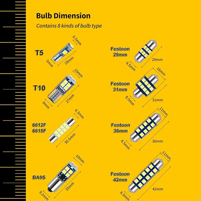 42-Pack White 12V DE3175 6418 6411 T10 2825 BA9S 64111 T5 74 6612F 6615F 31mm 36mm 41mm LED bulb Kit for Car Truck Interior Map Dome Vanity Mirror Trunk Door Courtesy License Plate Light