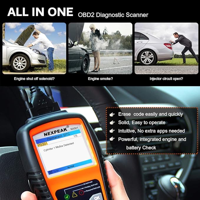 NEXPEAK OBD2 Scanner, NX501 Enhanced OBD II Auto Code Reader, Car Diagnostic Scan Tool Vehicle Check Engine Light Analyzer for