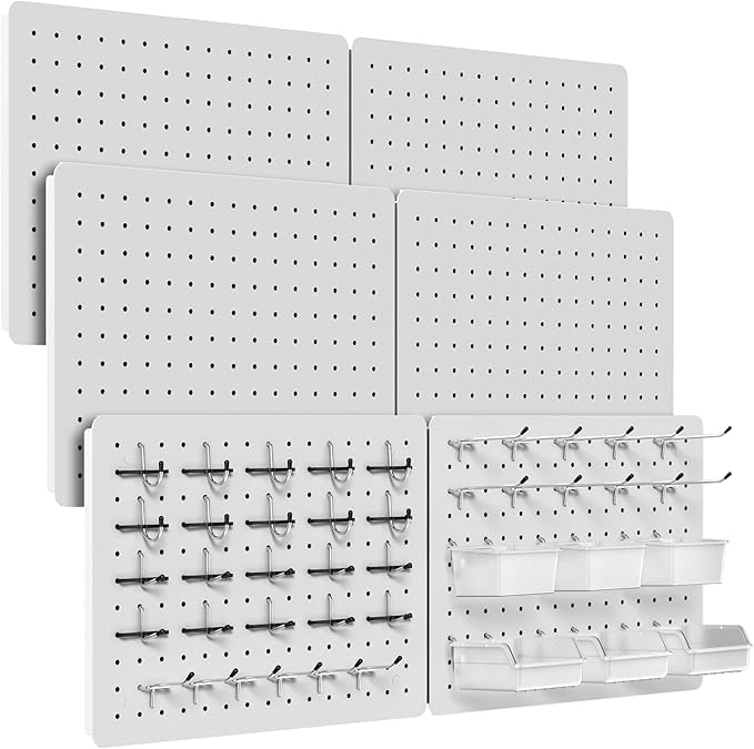 Peg Board for Tools, 6 Pack Metal Pegboard Wall Organizer with Hooks,16"×12" White Pegboard Panels for Walls Home, Garage Too