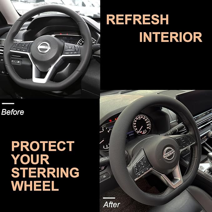 PINCTROT D Shaped Nappa Leather Steering Wheel Cover, Slim Fit No Bulk Design, One Piece Leather with Breathable Perforation,