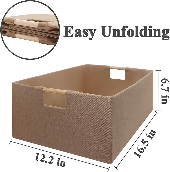 Foldable Fabric Storage Cubes, 2 Packs Cloth Storage Baskets with Wooden Handles, Collapsible Shelf Closet Organizer Bins, Re