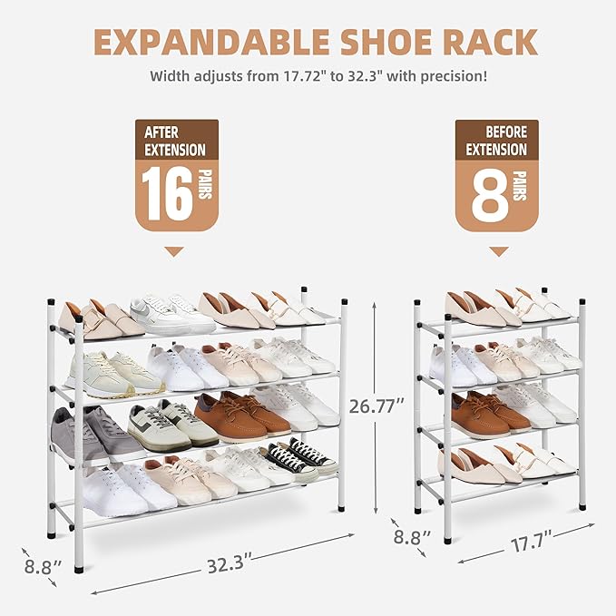 STORAGE MANIAC Expandable Shoe Rack, 16 Pairs Stackable Small Shoe Rack, Metal Adjustable Shoes Organizer for Closet, Entrywa
