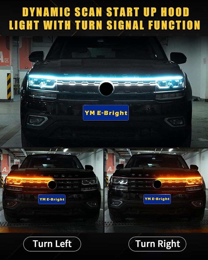 Dynamic Scan Start Up Hood Light Strip Sequential Flowing Turn Signal Lights Flexible Car Led Light Strip Exterior DRL Daytime Running Light,Dual Color Amber Ice Blue Switchback 12V 59inch (1Set)