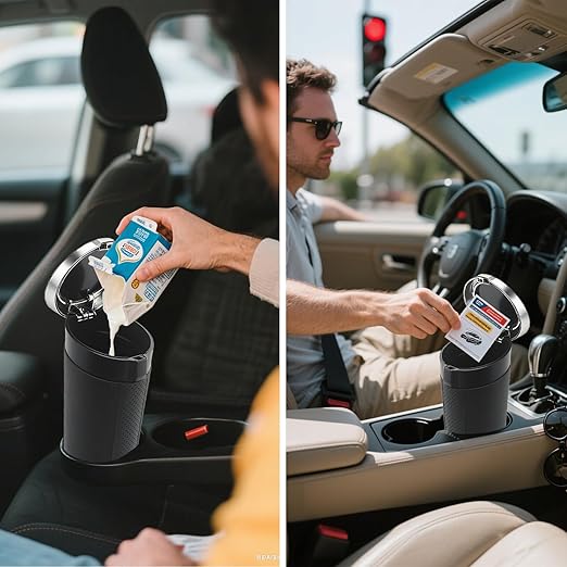 Car Trash Can Bin with Lid, Leakproof Garbage Can for Vehicle, Mini Trash Bin with 90 Attached Trash Bags, Easy to Clean Cup Holder Trash Can for Car, Home, Office