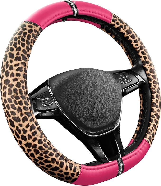 Road Comforts Leopard Steering Wheel Cover for Women, Cute Anti-Slip Microfiber Leather, Fits D Shape Flat Bottom Steering Wh