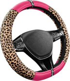 Road Comforts Leopard Steering Wheel Cover for Women, Cute Anti-Slip Microfiber Leather, Fits D Shape Flat Bottom Steering Wh