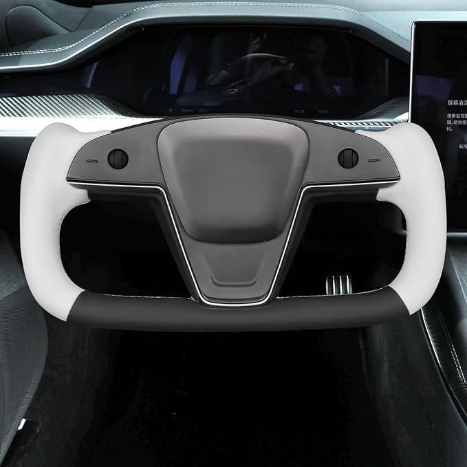 MEWANT Hand Stitched White Leather Steering Wheel Cover Wrap for Tesla Model S 2021-2023 / Model X 2021-2023 Steering Wheel Accessories