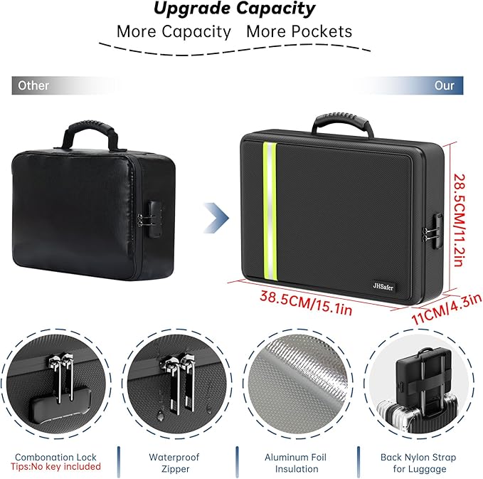 Fireproof Document Bag, Insulated File Box with Lock, Important Document Organizer with Waterproof Zipper, 13 Pockets Portabl